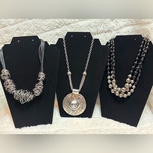 Necklace Lot Silver Tone Black Corded Wire Wrapped Large Medallion & Beaded